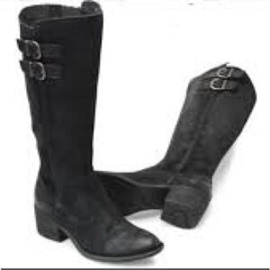 Born Basil genuine suede knee high Black Heeled Boots with Buckle Detail